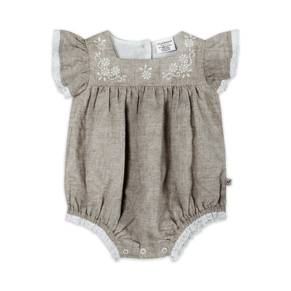 Lena Floral Embroidered Baby Romper Front (Linen Blend)