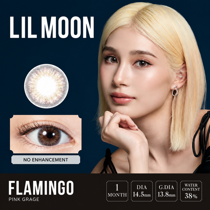 Model wearing EyeCandys Lilmoon Monthly Flamingo prescription pink grey colored contact lenses, sheer rosewood pink with smoky grey halo, natural monthly contact lenses for dark eyes, glossy editorial eye color transformation