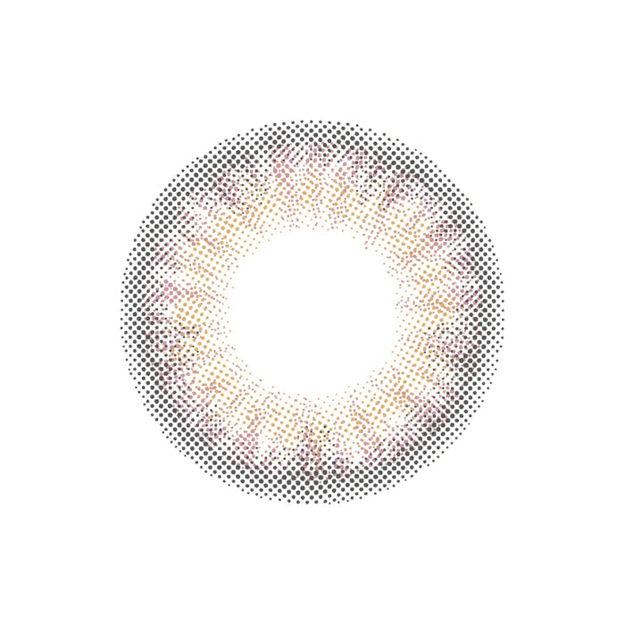 Close-up of the Lilmoon Monthly Flamingo lens design featuring a soft pink blush center with a sheer gray smoky halo. Japanese monthly colored contact lens with a two-tone gradient pattern, glossy romantic finish, natural iris enhancement, and a realistic circle lens design for brown eyes.