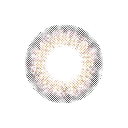 Close-up of the Lilmoon Monthly Flamingo lens design featuring a soft pink blush center with a sheer gray smoky halo. Japanese monthly colored contact lens with a two-tone gradient pattern, glossy romantic finish, natural iris enhancement, and a realistic circle lens design for brown eyes.