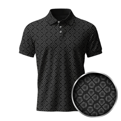 Lion Shield Black & Grey Pattern Print Short Sleeve Polo (Classic Fit)