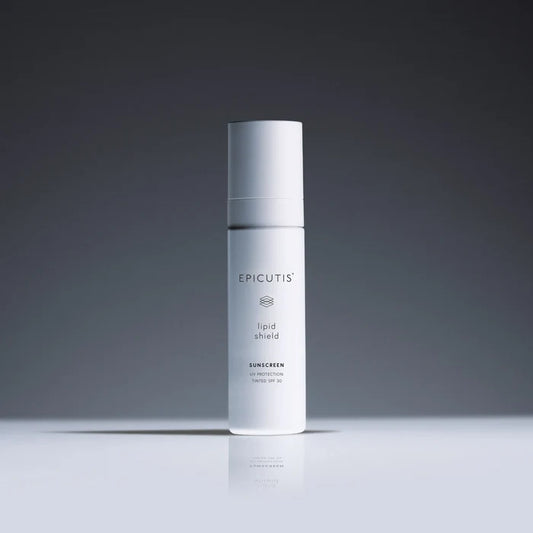 Epicutis Lipid Shield SPF30 skincare bottle on a reflective surface with a gradient gray background