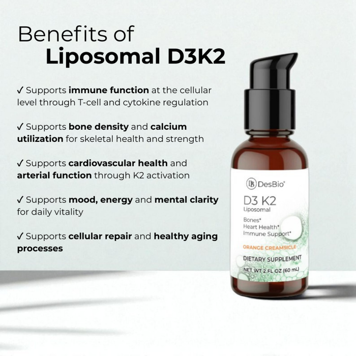 Liposomal D3 K2 is a balance of vitamins D3 and K2 in a form that is readily absorbed and utilized by the body.