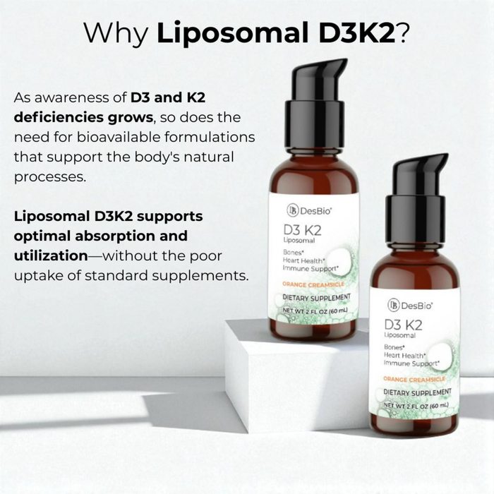Liposomal D3 K2 is a balance of vitamins D3 and K2 in a form that is readily absorbed and utilized by the body.