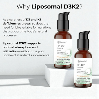 Liposomal D3 K2 is a balance of vitamins D3 and K2 in a form that is readily absorbed and utilized by the body.