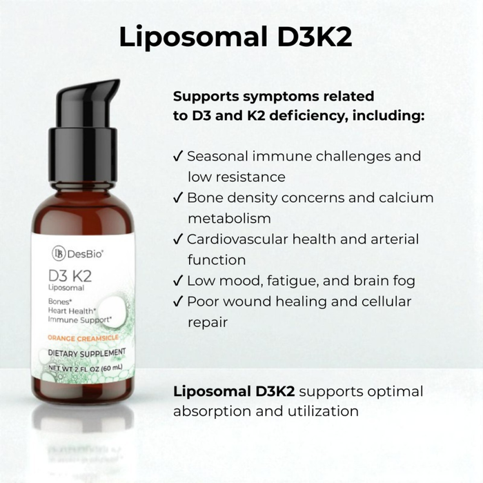 Liposomal D3 K2 is a balance of vitamins D3 and K2 in a form that is readily absorbed and utilized by the body.