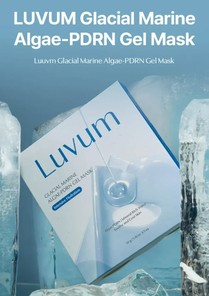 Luvum Glacial Marine Algae-PDRN Gel Mask packaging with ice cube background