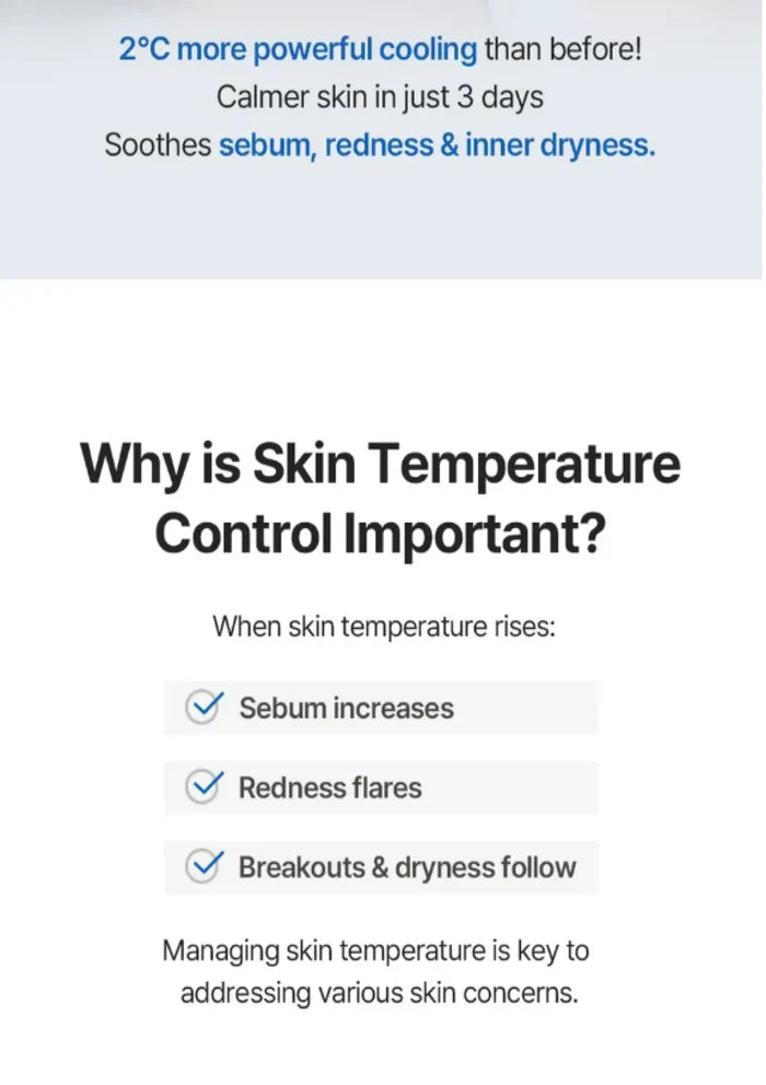 Text explaining the importance of skin temperature control with benefits and effects on skin health.