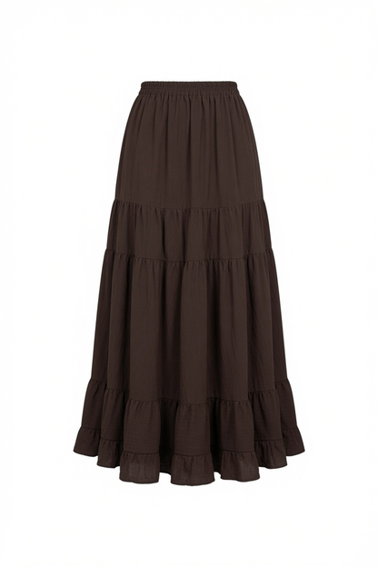 A dark brown tiered midi skirt with a gathered waistband, displayed against a solid white background.
