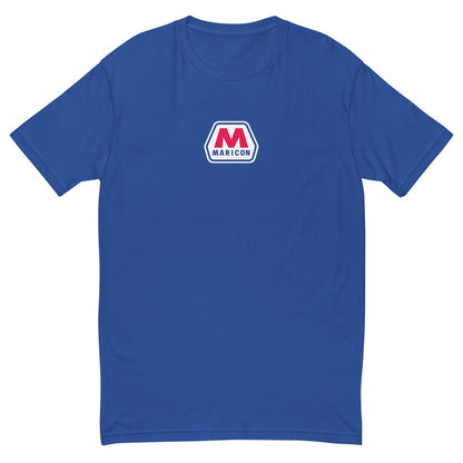 A royal blue short-sleeve crewneck t-shirt featuring a small 'Maricon' logo printed on the center chest, displayed against a solid white background.