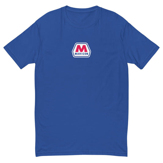 A royal blue short-sleeve crewneck t-shirt featuring a small 'Maricon' logo printed on the center chest, displayed against a solid white background.