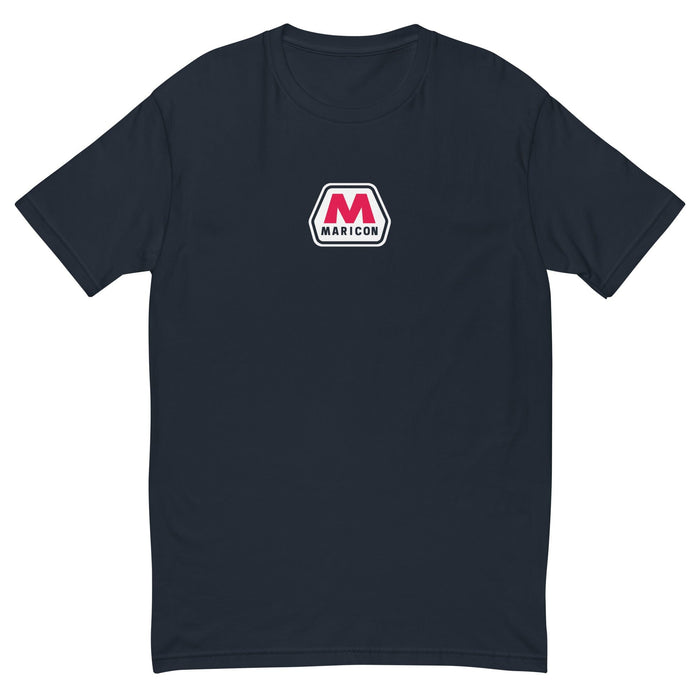 A navy blue short-sleeve crewneck t-shirt featuring a small 'Maricon' logo printed on the center chest, displayed against a solid white background.