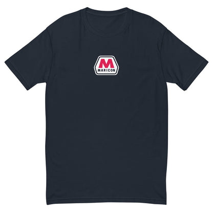 A navy blue short-sleeve crewneck t-shirt featuring a small 'Maricon' logo printed on the center chest, displayed against a solid white background.