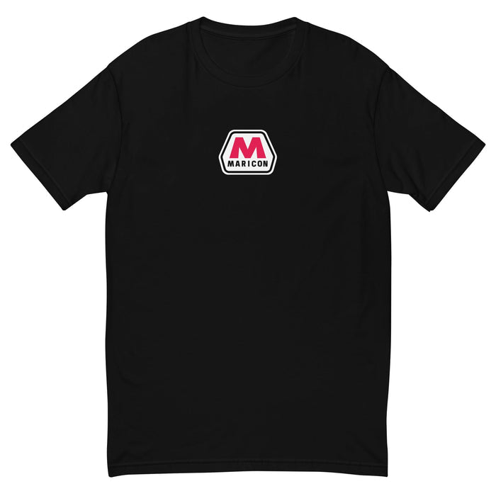 A black short-sleeve crewneck t-shirt featuring a small 'Maricon' logo printed on the center chest, displayed against a solid white background.