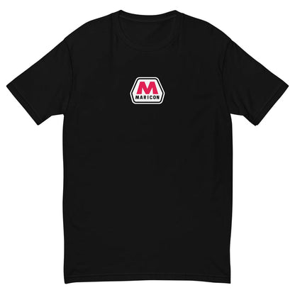 A black short-sleeve crewneck t-shirt featuring a small 'Maricon' logo printed on the center chest, displayed against a solid white background.