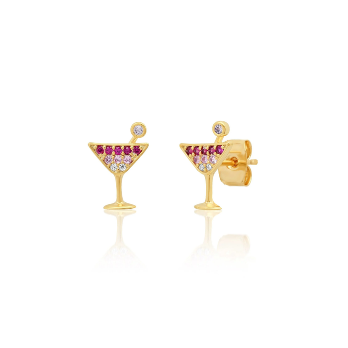 Gold martini glass stud earrings with ombre pink stone and clear crystal details