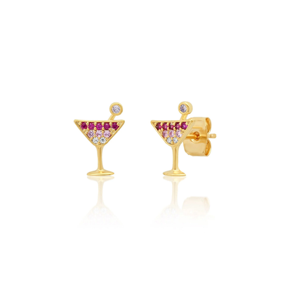 Gold martini glass stud earrings with ombre pink stone and clear crystal details