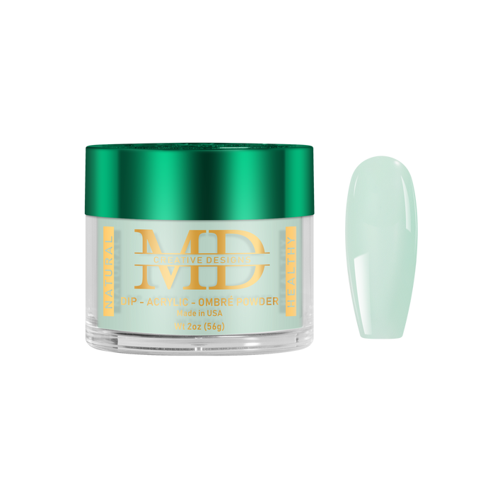 Jar of MD nail powder with a light green nail tip color swatch on a white background