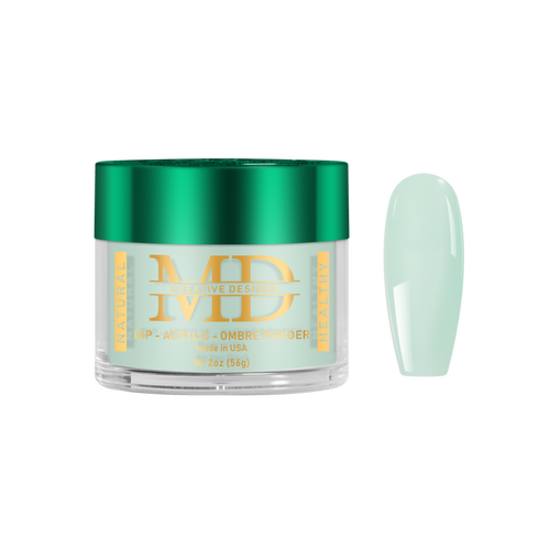 Jar of MD nail powder with a light green nail tip color swatch on a white background