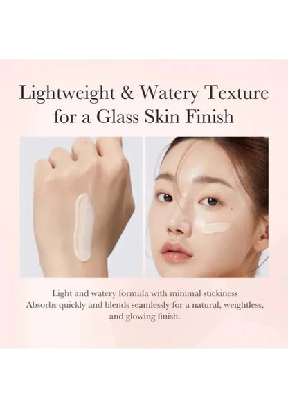 Product swatch with a hand applying cream and a person wearing it, on a light pink background.