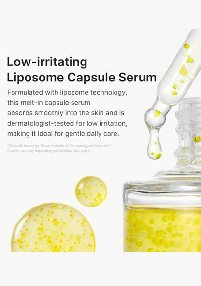 Liposome capsule serum with dropper and text about its properties on a white background