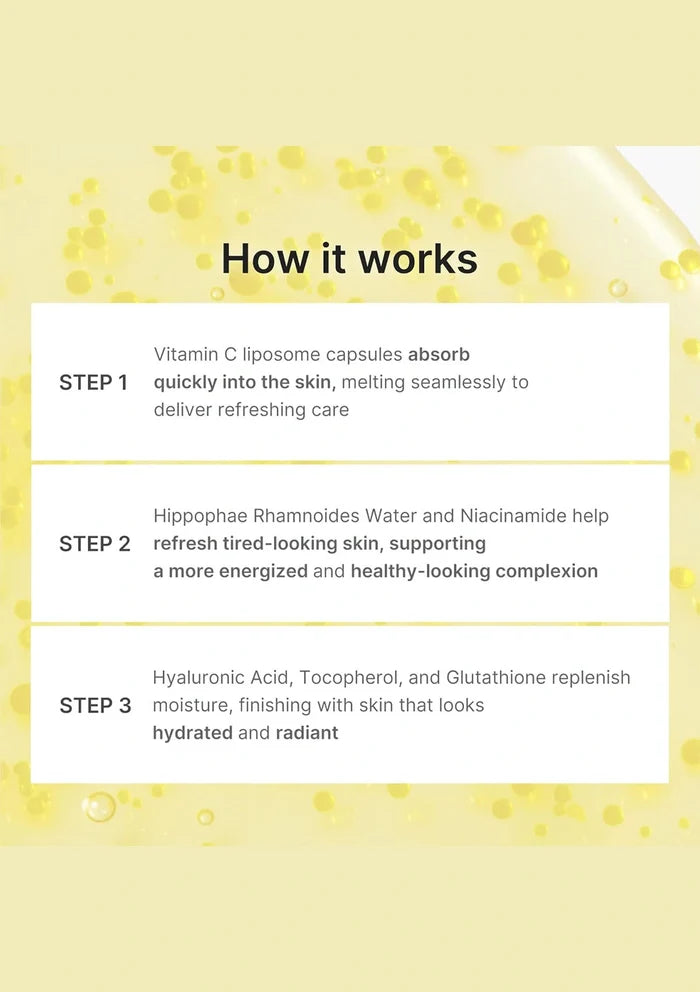 Skincare product description with steps on a yellow background