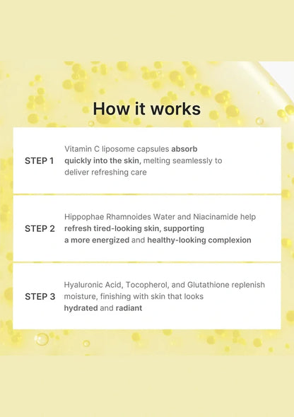 Skincare product description with steps on a yellow background
