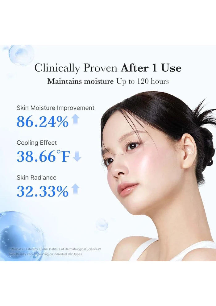 Woman with text indicating clinically proven benefits after one use of a skincare product.