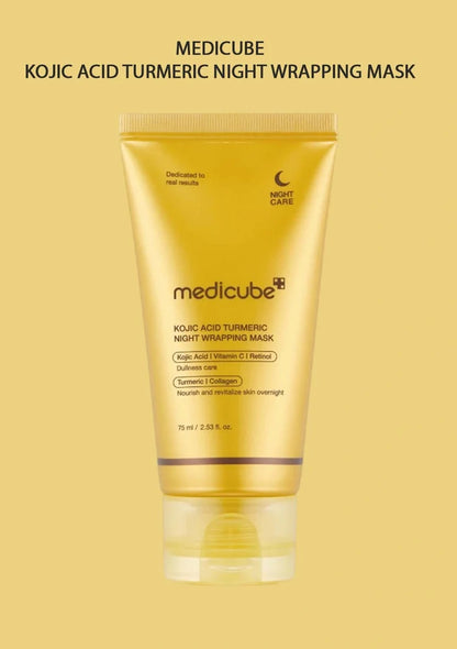 Medicube Kojic Acid Turmeric Night Wrapping Mask on a yellow background