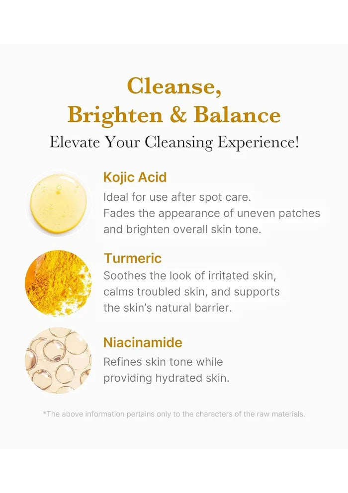 Product description card with Kojic Acid, Turmeric, and Niacinamide benefits on a white background.
