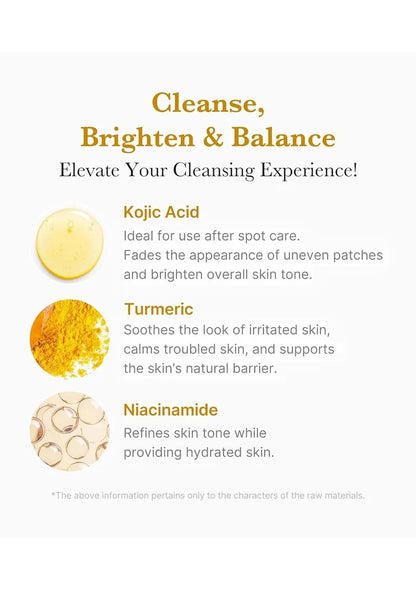 Product description card with Kojic Acid, Turmeric, and Niacinamide benefits on a white background.