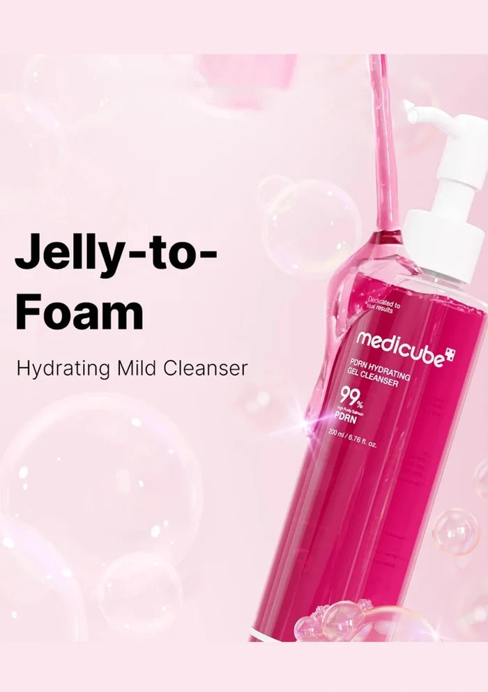 Medicube Jelly-to-Foam Hydrating Mild Cleanser bottle on a pink background