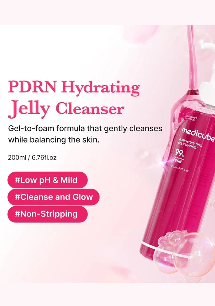PDRN Hydrating Jelly Cleanser bottle with product details on a pink background