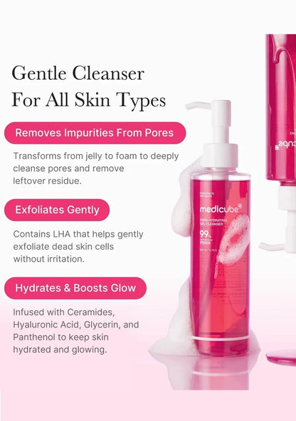 Pink skincare cleanser bottle with text on a white background