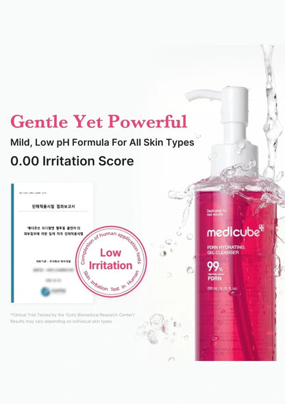 Medicube pore purifying gel cleanser with text highlighting its gentle yet powerful formula.