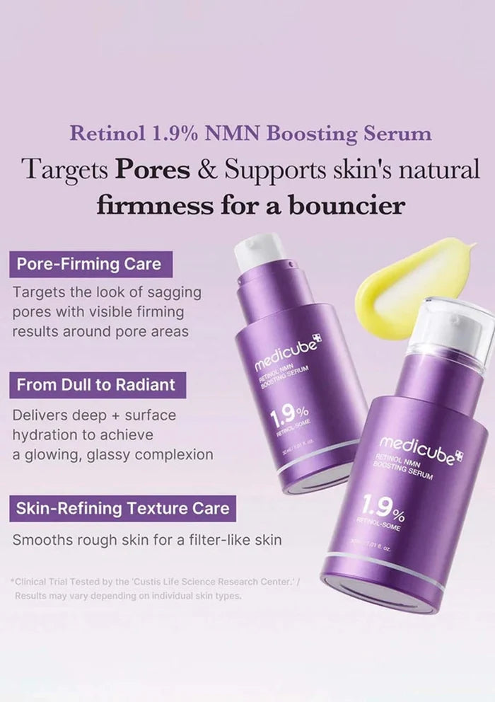 Two purple bottles of Medicube Retinol 1.9% NMN Boosting Serum on a white background with product information text.