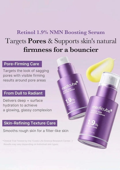 Two purple bottles of Medicube Retinol 1.9% NMN Boosting Serum on a white background with product information text.