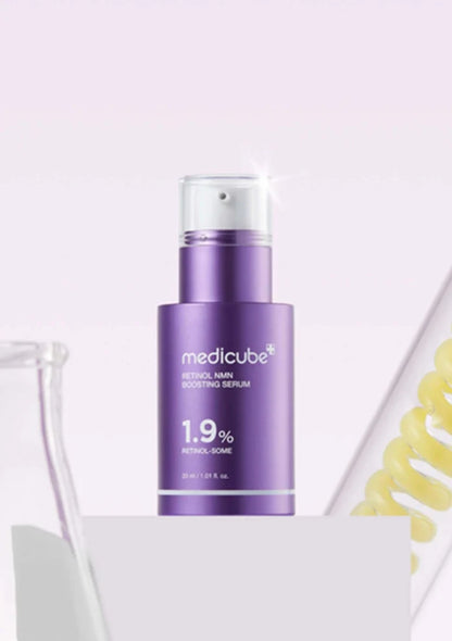 Purple skincare serum bottle with 'Medicube' branding on a light gray background