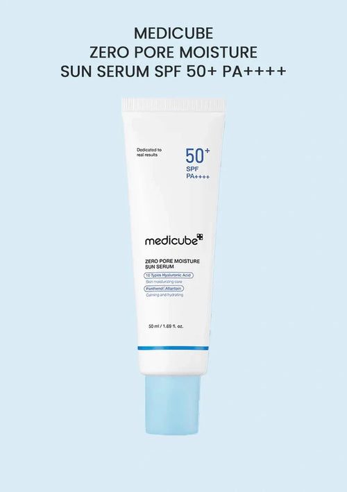 Medicube Zero Pore Moisture Sun Serum SPF 50+ PA++++ on a light blue background