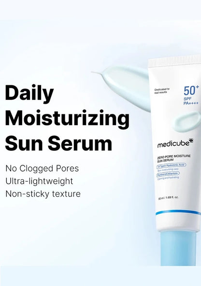 Tube of medicube Daily Moisturizing Sun Serum with text highlighting benefits on a light blue background