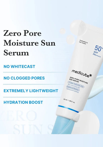 Medicube Zero Pore Moisture Sun Serum with product details on a light blue background