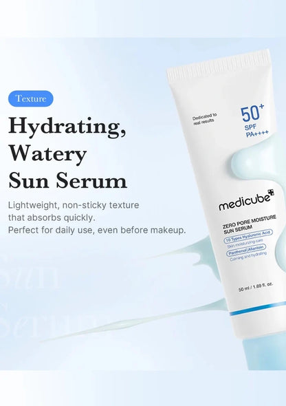 Medicube sun serum tube with product details on a light blue background