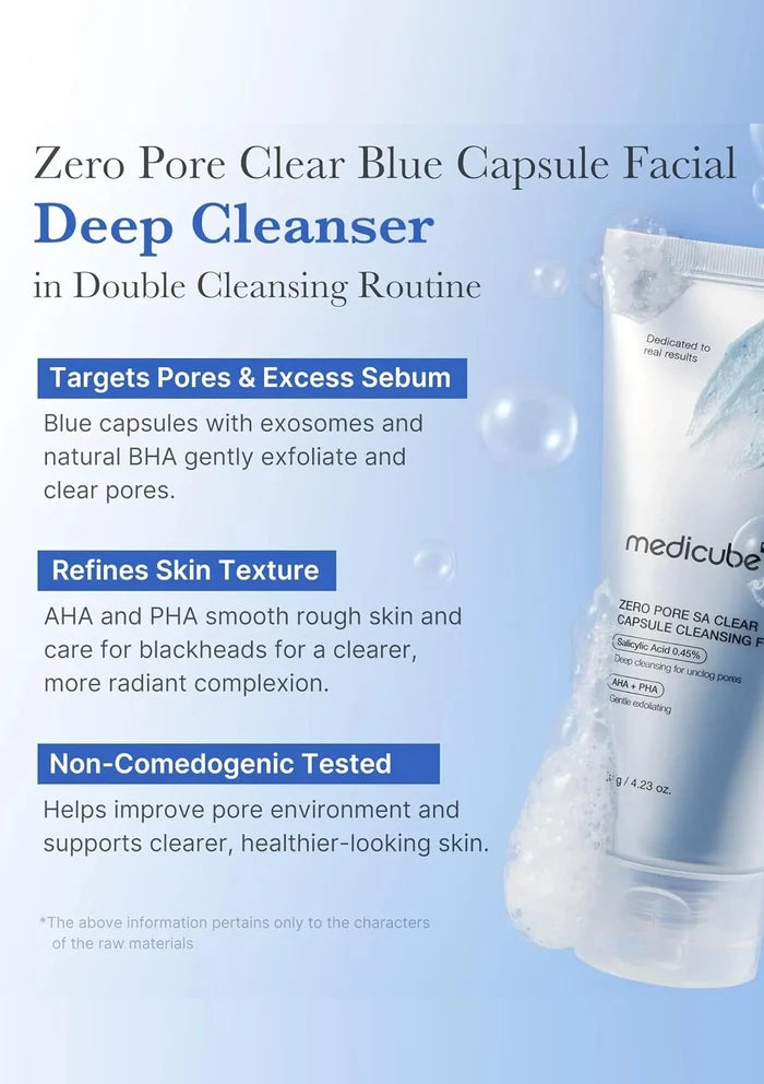 Medicube Zero Pore Clear Blue Capsule Facial Deep Cleanser on a blue background with product details.