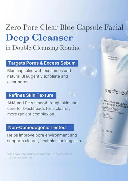 Medicube Zero Pore Clear Blue Capsule Facial Deep Cleanser on a blue background with product details.