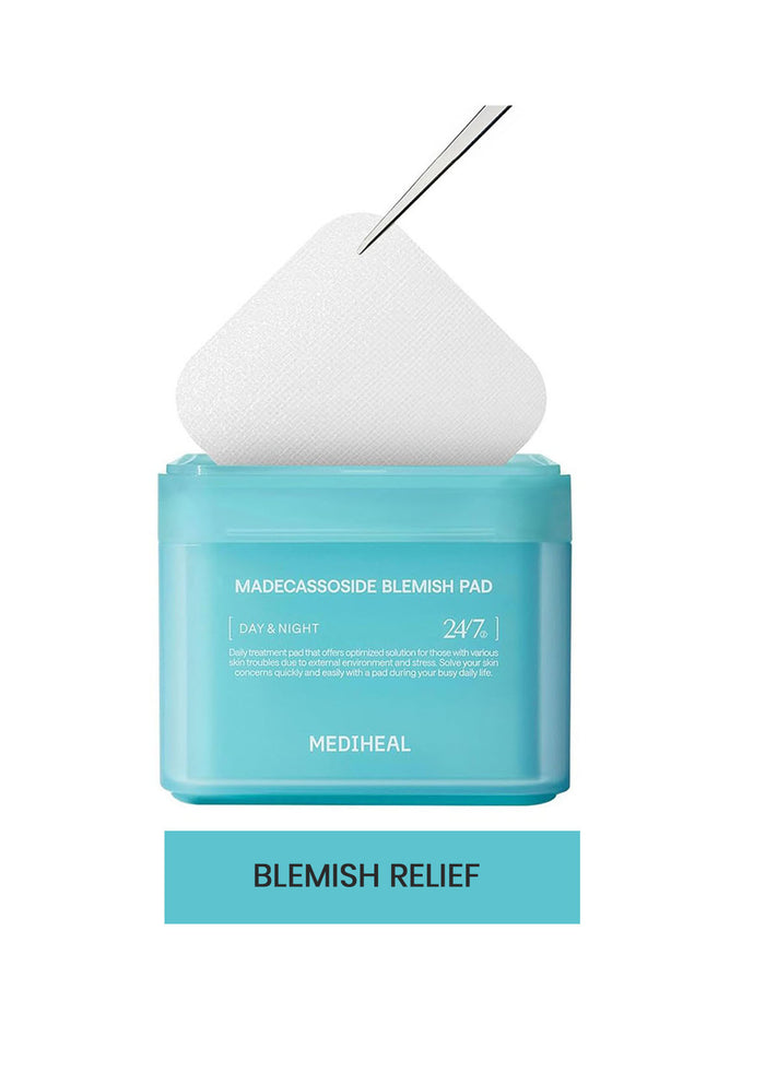 MEDIHEAL blemish relief pad with blue packaging on a white background