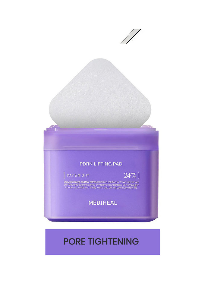 MEDIHEAL PDRN Lifting Pad packaging with a white puff on a white background