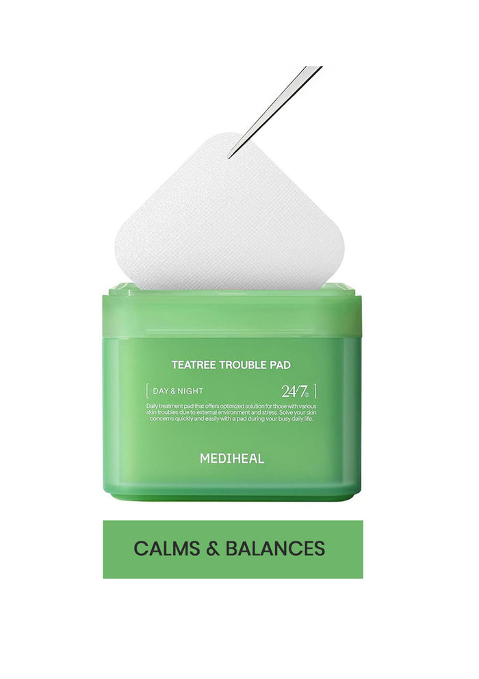 MEDIHEAL Teatree Trouble Pad packaging with a white applicator on a white background
