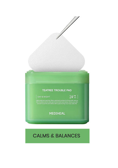 MEDIHEAL Teatree Trouble Pad packaging with a white applicator on a white background