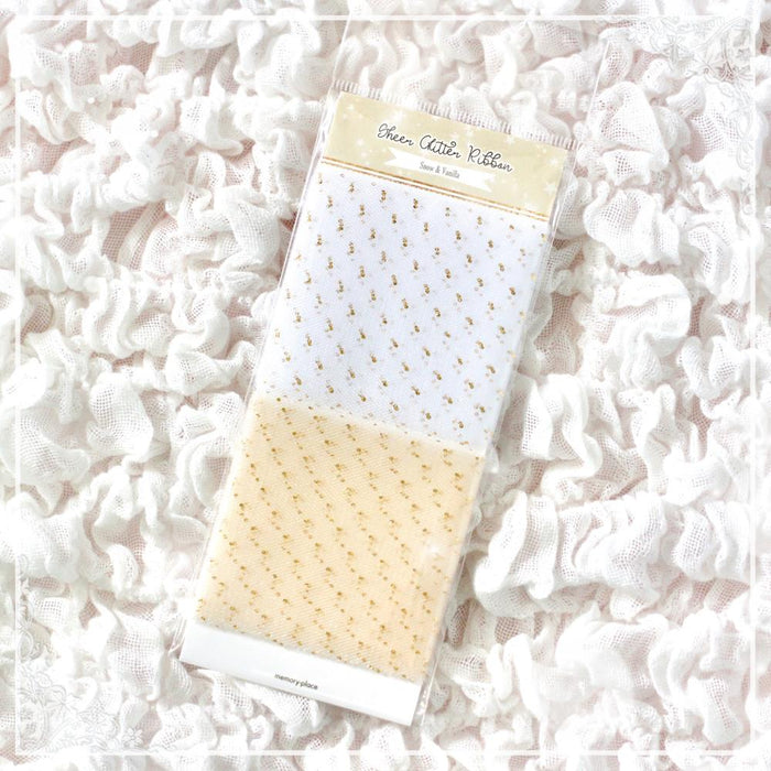 Memory Place - Trim Sheer Glitter Ribbon 2.3"X 1yd - Snow/ Vanilla. Available at Embellish Away located in Bowmanville Ontario Canada.