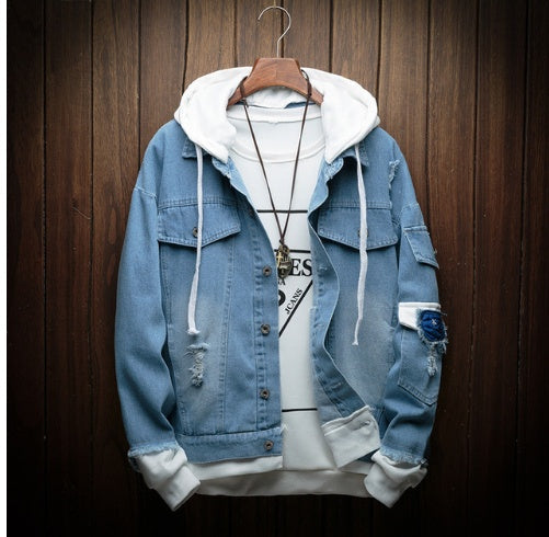 Men's Hooded Denim Jacket - Korean Style Loose Fit